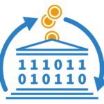 Public Money, Public Code - Logo mit stilisiertem Parlamentsgebäude, das einen Geld-Code-Kreislauf andeutet.