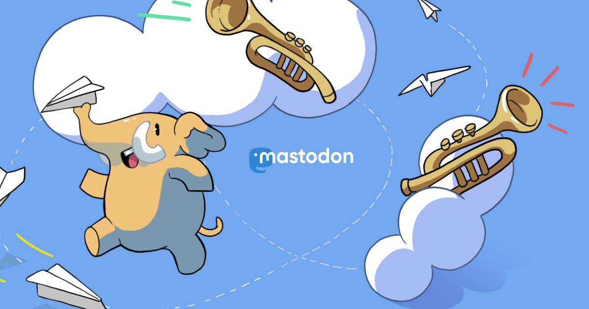 Mastodon-Header, der ein fröhliches Mammut und zwei Trompeten mit Brieftauben zeigt.