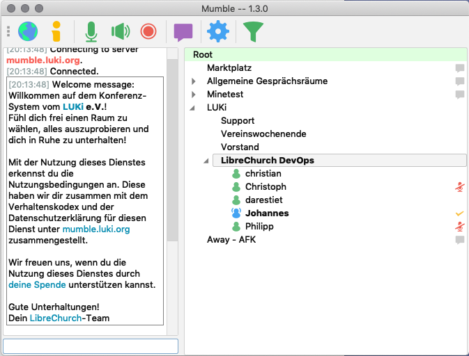 Screenshot vom Mumble Hauptbildschirm, der das LibreChurch-Team beim Gespräch zeigt.