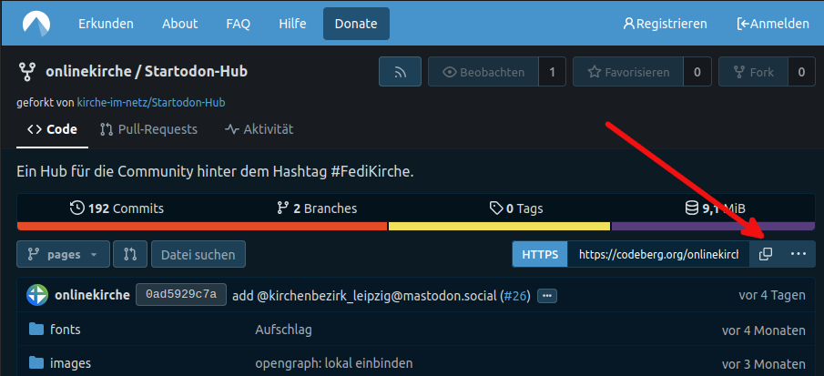 Screenshot der Verwaltungsoberflache des Codeberg Repositorys Startodon